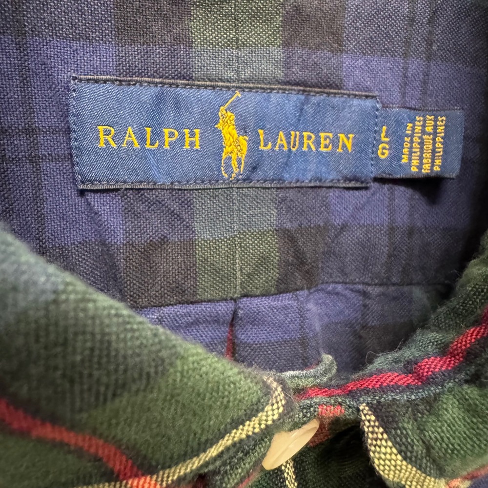 Ralph Lauren Mens Plaid Button Down Shirt Navy Green Red Cotton Large Pony Logo - Picture 2 of 9